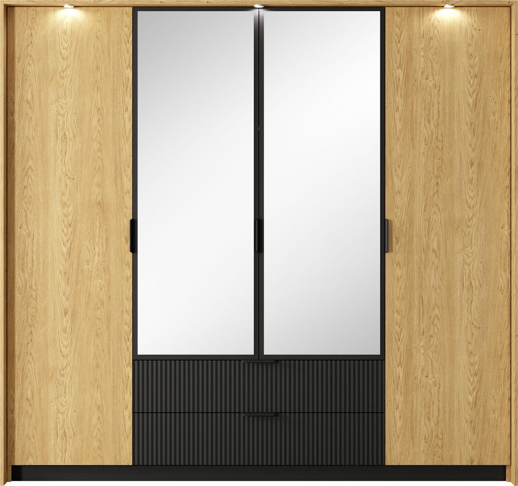 Kleiderschrank mit Spiegel – Skandinavisch 223x210x59 cm – Eiche Baltic & Schwarz mit LED – 4 Türen, Schubladen mit Soft-Close – Viel Stau...