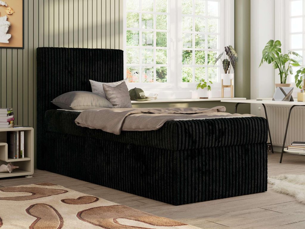 MKS MEBLE Jugendbett TILIO, Einzelbett mit Stauraum, Cordstoff, Boxspringbett 90x200 mit 7-Zonen-Taschenfederkern H3 - Schwarz Cord - Links Seite