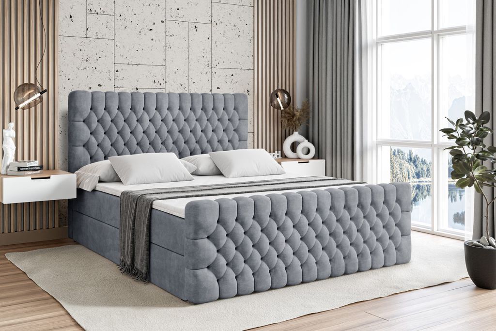 ALTDECOR Boxspringbett mit Fußteil, H4 Matratze und Topper - 160 x 200 cm - SERENE-Z - Grau Samt - Polsterbett mit Bettkasten und Lattenrost, Bett...