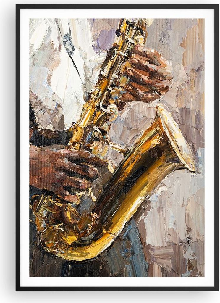Gerahmtes Poster - Schwarzer Rahmen - Saxophon Öl Musiker - 70x100 cm - Wand Bild - Wanddeko - Wandbilder - Kunstposter - Wandposter - Bilderrahme...