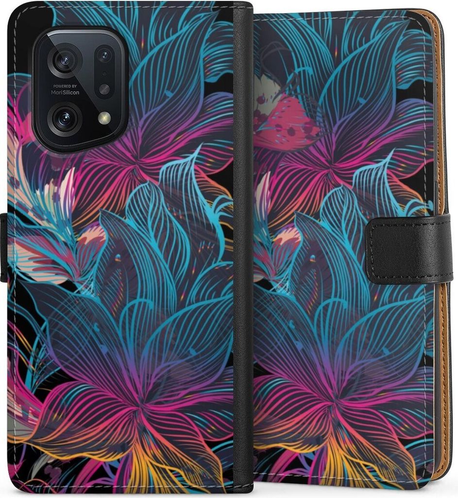 DeinDesign Klapphülle für Oppo Find X5 Handytasche Lederhülle Tasche Blumen Neon bunt