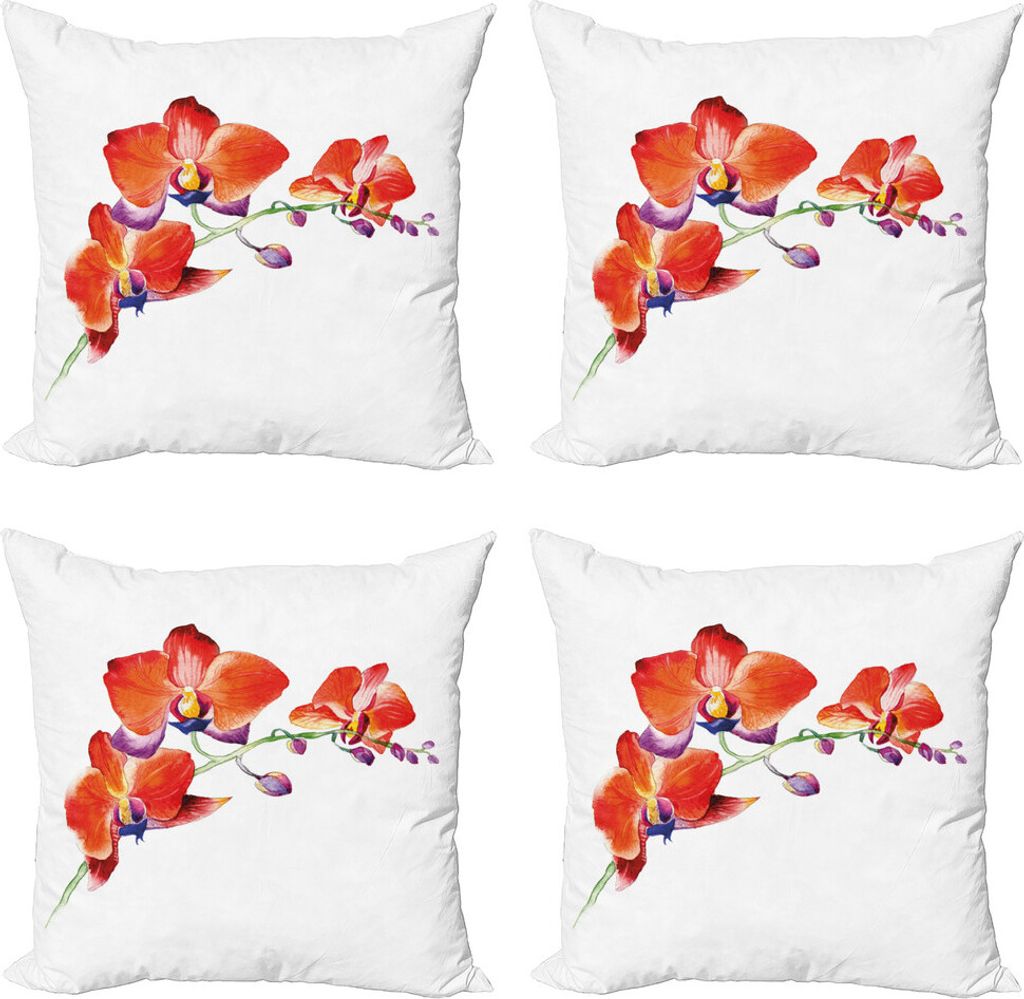 ABAKUHAUS Blumen Kissenbezug Set (4 Stück), Orchideezweig Blooms, Moderner Doppelseitiger Digitaldruck, 60 cm x 60 cm, Orange Violett Weiß
