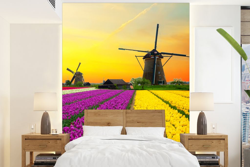 MuchoWow Fototapete für Wohnzimmer oder Schlafzimmer Wandtapete Vinyl Motivtapete Windmühle - Tulpen - Blumen - Frühling - 165x220 cm - Wandde...
