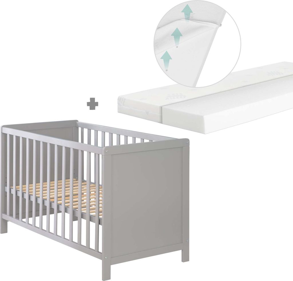 roba 2-in-1 Beistell- & Babybett 60x120 + 'safe asleep ' Matratze, taupe, höhenverstellbar, 5 Schlupfsprossen, inkl. Lattenrost und Matratze