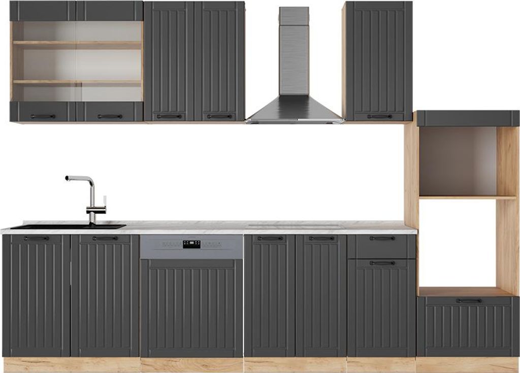 Vicco Küchenzeile Fame-Line, 300 cm mit Hochschrank, AP Marmor, Dunkelgrau/Goldkraft Eiche