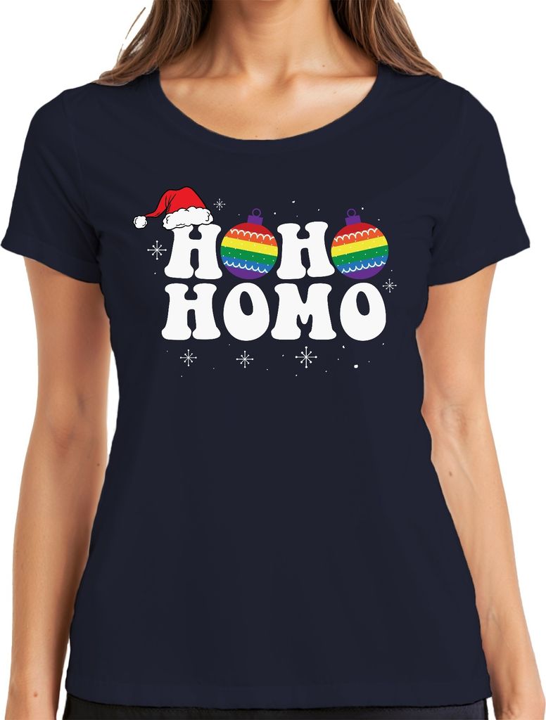 Ho Ho Homo LGBTQ Weihnachtsoutfit - Weihnachten Weihnachtsgeschenk Christmas Damen T-Shirt, Navy, M