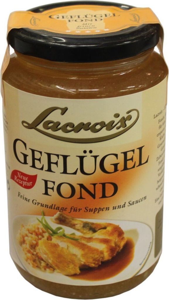 A jar of Lacroix Geflügel Fond on a light beige background.