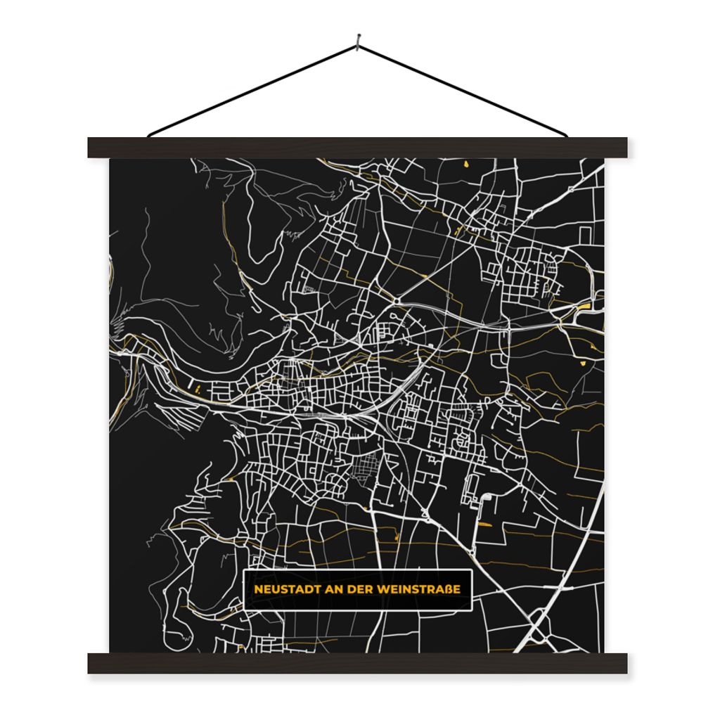 MuchoWow Textilposter Deutschland - Schwarz und Gold - Neustadt an der Weinstraße - Stadtplan - Karte 120x120 cm mit schwarzem Rahmen - Aufhäng...