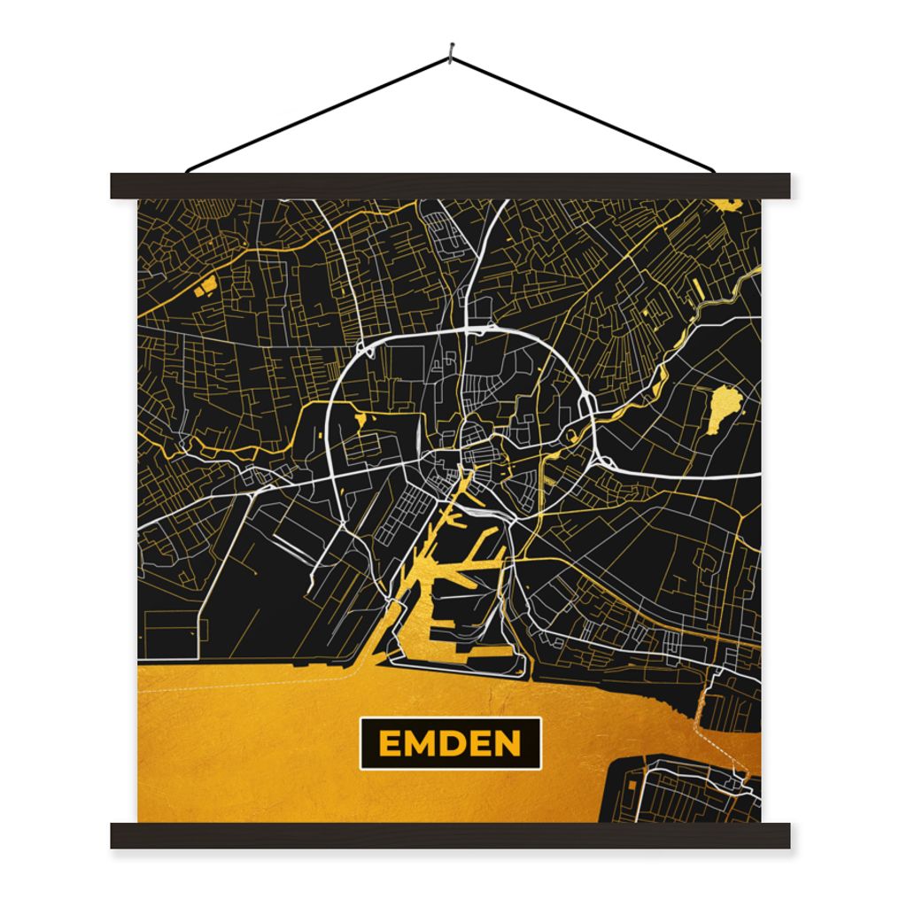 MuchoWow Textilposter Schwarz und Gold - Stadtplan - Emden - Deutschland - Karte 60x60 cm mit schwarzem Rahmen - Posteraufhänger