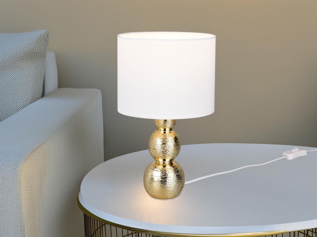 Designklassiker LED Tischlampe mit Keramikfuß Gold & Stoffschirm Weiß, H: 29cm