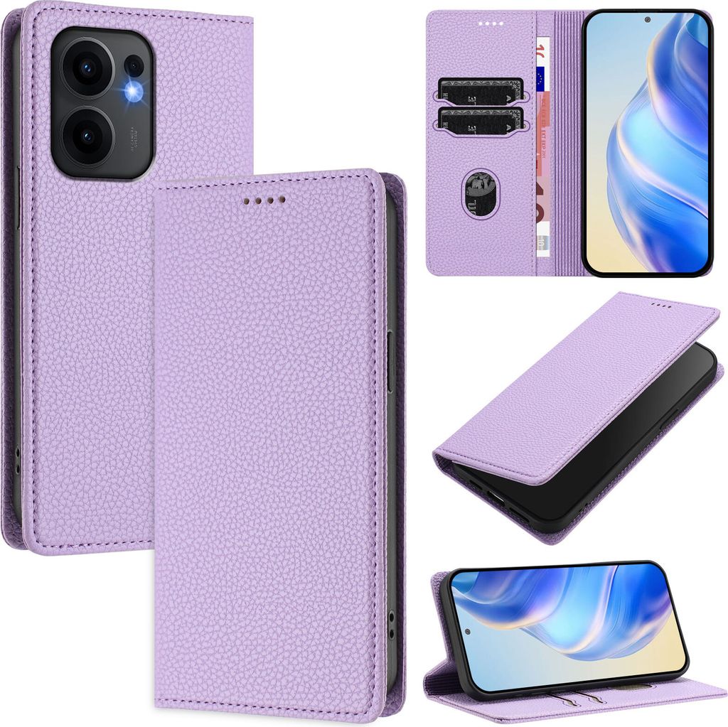 Litchi Leder Handyhülle für Oppo Reno13 F 5G Wallet Kartenfächer Standfunktion Hülle Violett