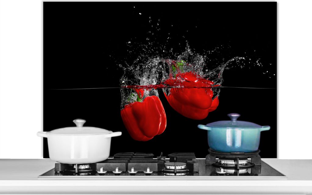 KitchenYeah Spritzschutz Küche - Küchenrückwand - Wandschutz für Herd und Spüle - Paprika - Gemüse - Stilleben - Wasser - Rot 100x65 - Alu...