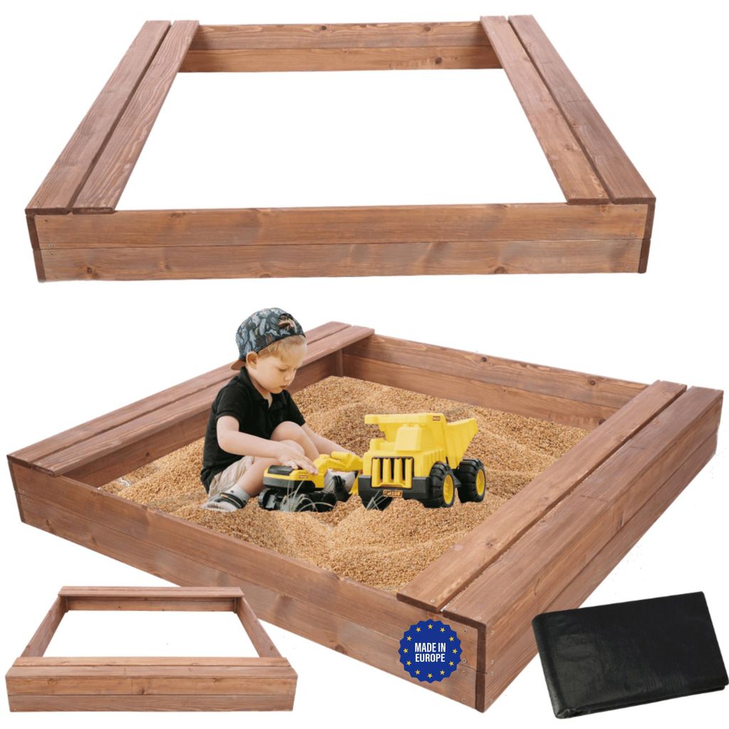 MODO24 Sandkasten Holz, mit Sitzbänken, Holzsandkasten, Kinder Gartenspielzeug, Outdoor, 140x137 cm, Braun Imprägniert, PIA