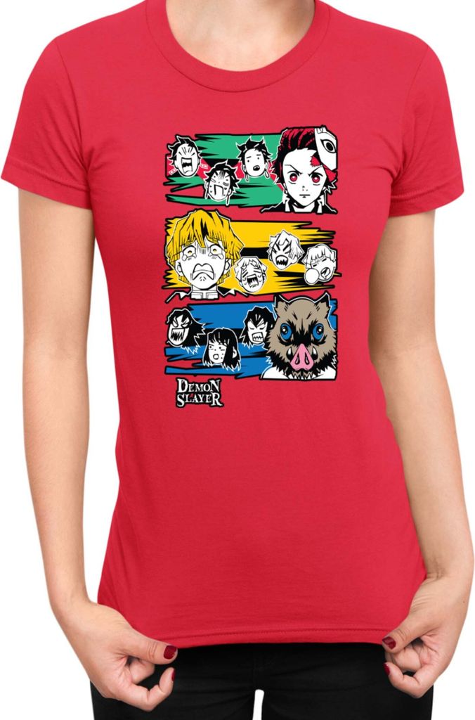Damen T-Shirt Demon Anime Slayer Kimetsu No Yaiba Tanjiro Zenitsu Inosuke 001, Lady S / Rot