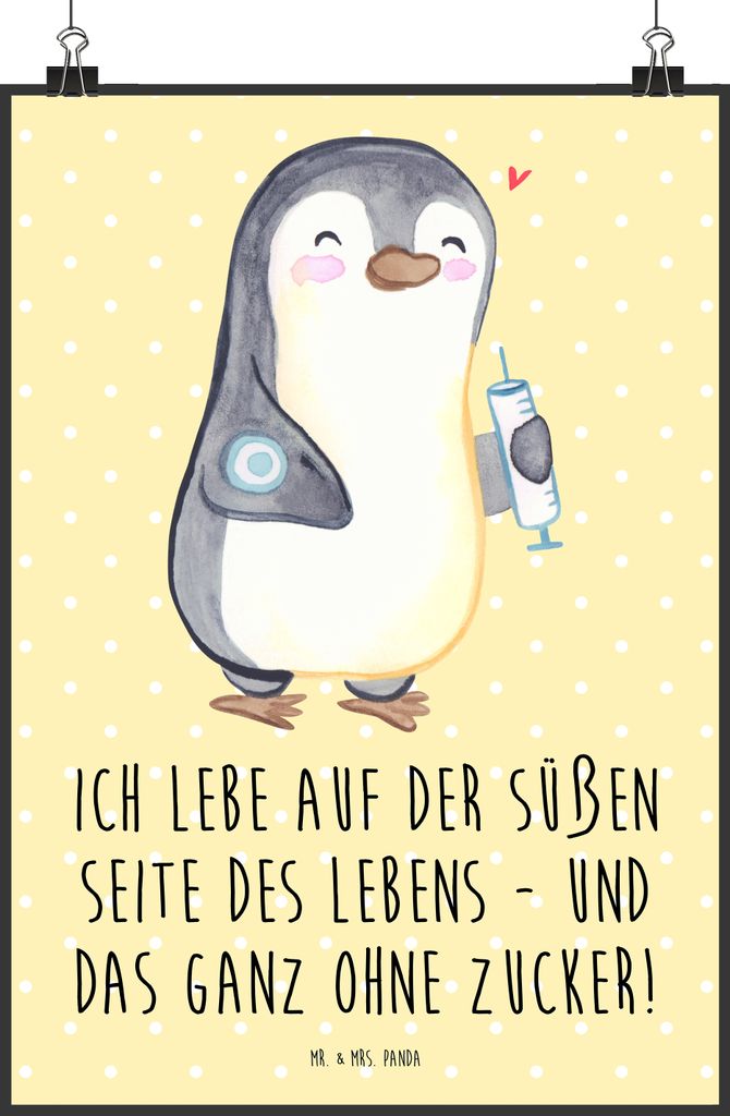 Mr. & Mrs. Panda Bild Pinguin Diabetes DIN A5 - Gelb Pastell - Geschenk, drucke, wanddeko, Kunstdruck, Plakat, Mellitus, Deko, Zuckerkrankheit