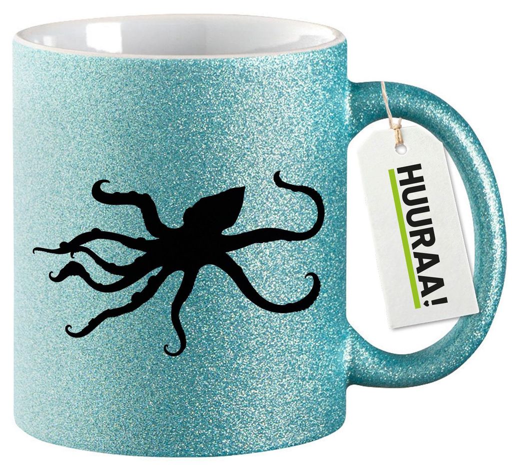 Huuraa Glitzertasse Oktopus Silhouette 330ml Blau Keramik Kaffeebecher Geschenkidee