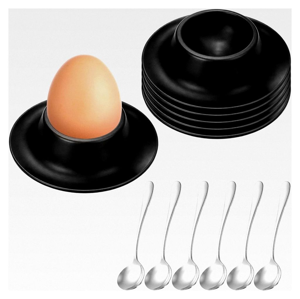 Eierbecher Set, 6 Stück mit Löffeln, Schwarze Eierbecher für den Frühstückstisch, Matt Schwarz, Praktische Eierbecher für den Haushalt