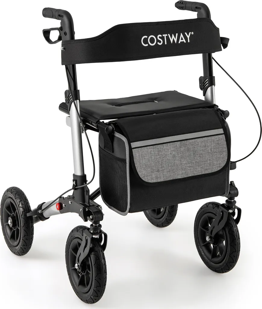 Rollator 4 roues tout-terrain avec siège et dossier réglable Argent
