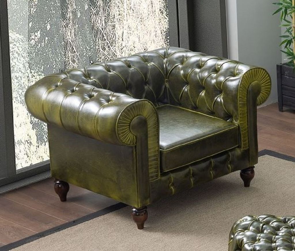 Casa Padrino Luxus Chesterfield Kunstleder Sessel Grün / Dunkelbraun 115 x 90 x H. 75 cm - Wohnzimmer Sofa - Wohnzimmer Möbel - Luxus Möbel - Lu...