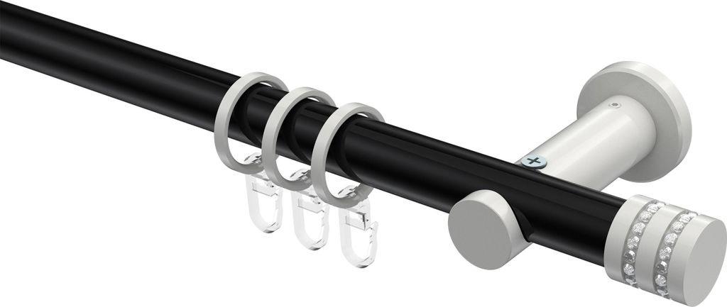 Interdeco Gardinenstange / Vorhangstange Schwarz / Weiß, Typ Platon Estana (Glitzerkappe), 20 mm Ø 1-läufig, 260 cm