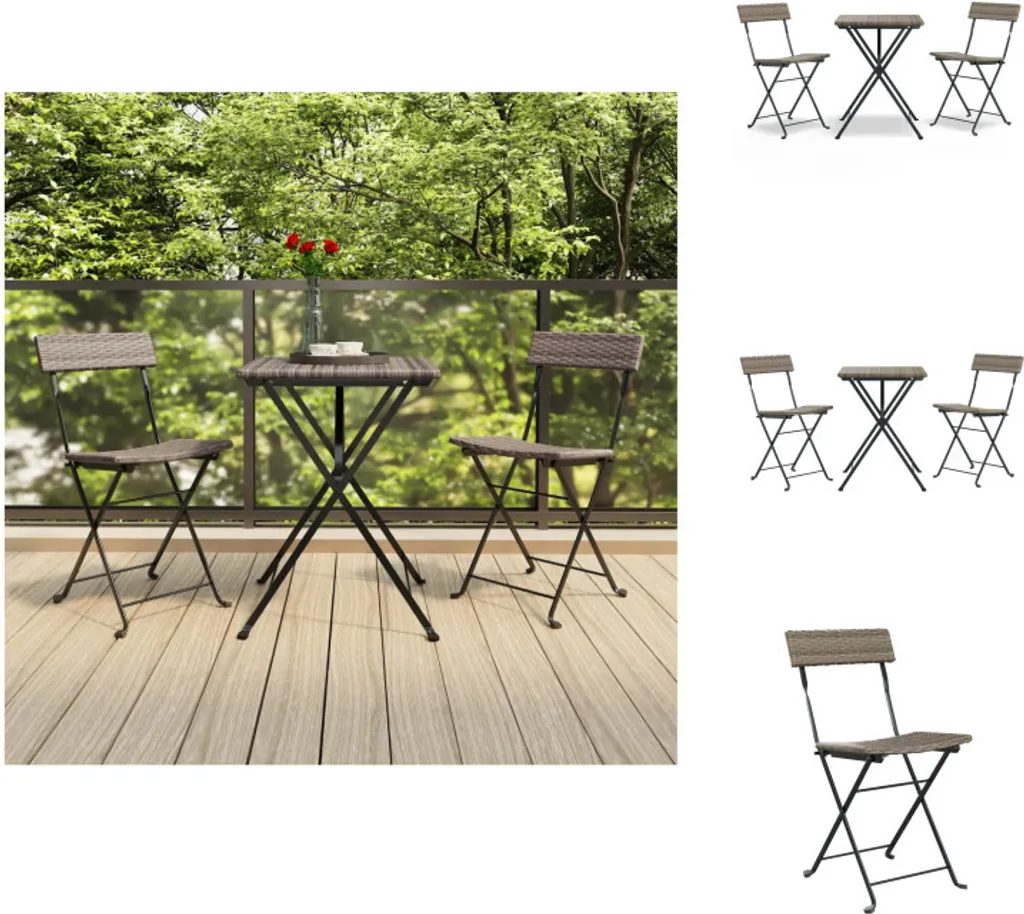 Mobilier de terrasse pliable en Poly Rotin Gris - Set Bistro 3 Pièces
