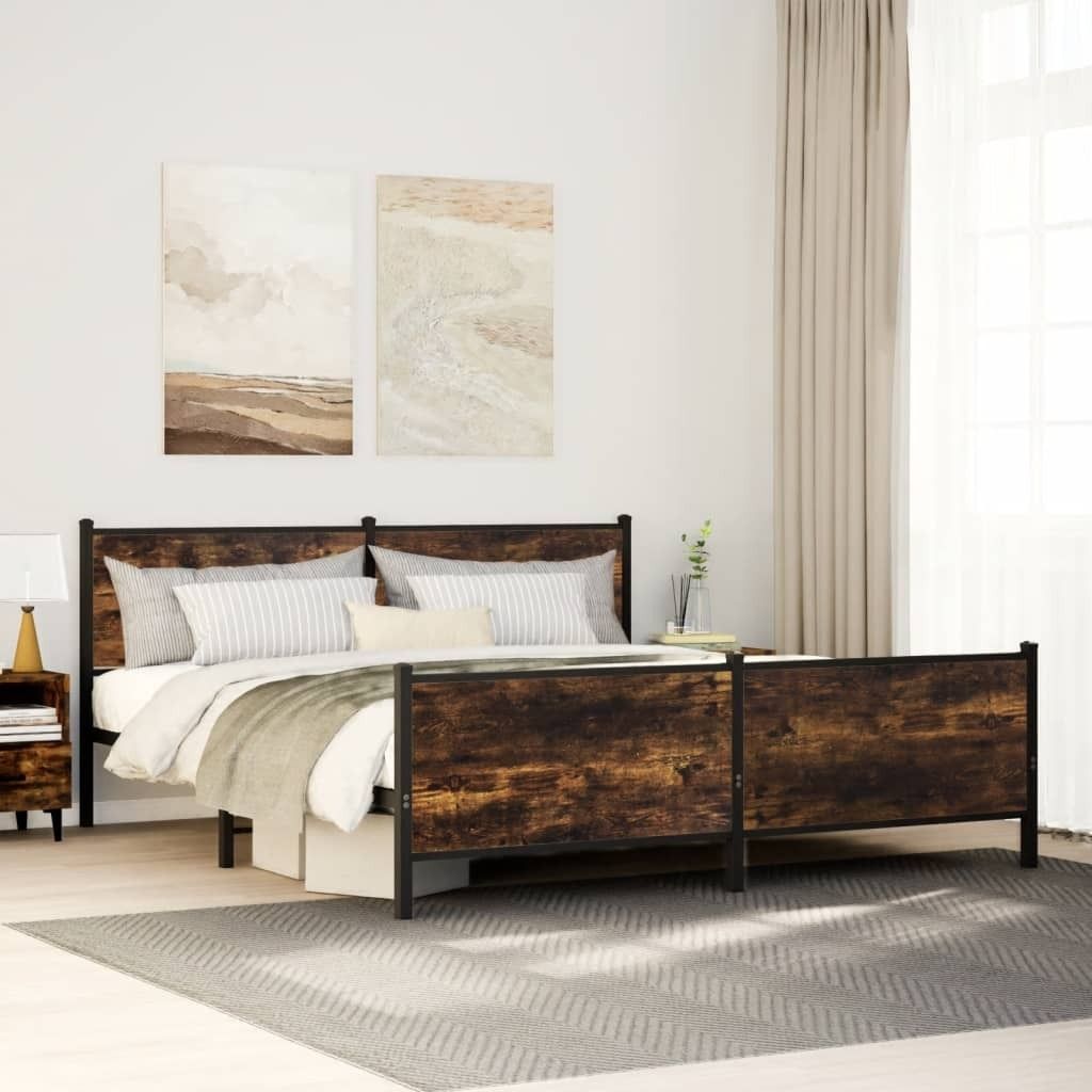(NEU 2026) Metallbett ohne Matratze, Räuchereiche 193x203 cm - Klassische Betten - 43.5 kg