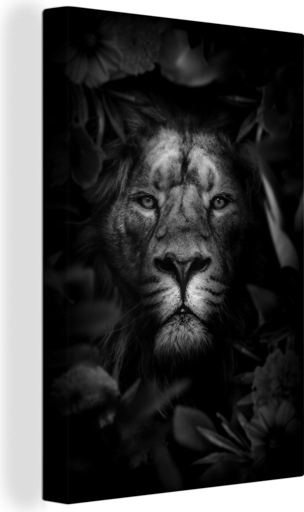 OneMillionCanvasses - Leinwandbilder - 90x140 cm, Löwe mit Blättern und Blumen im Dschungel - schwarz und weiß, Wandbilder Kunstdruck Wanddeko...