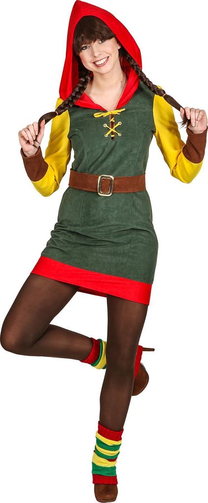 Karnevals Kostüme Zwergdame (Kleid m. Kapuze, Gürtel)