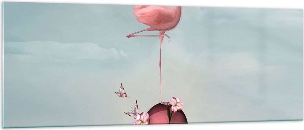 Bilder auf glas - Flamingo Blume Grafik Illustration - 140x50cm - Glasbilder - Wandbilder - Kunstdruck - Wanddekoration aus Glas - Glas Bilder - Wa...