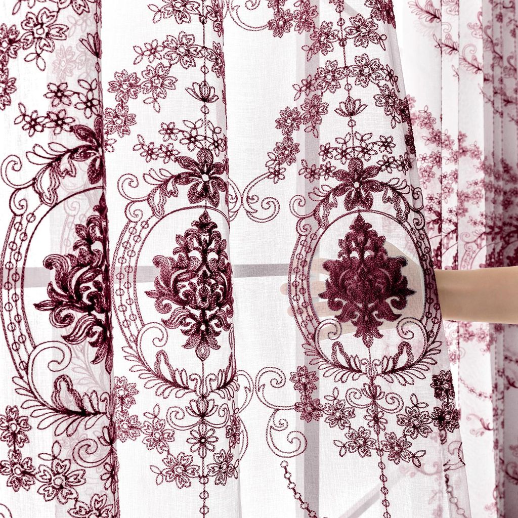 Easy Home Marokkanische Damaskus Bestickte Voile Vorhänge - 140x245 cm Transparent - 2er Set Weinrot