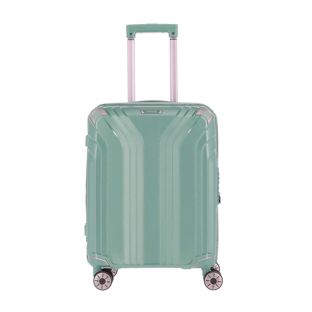 A mint green suitcase with a retractable handle and wheels, presented against a white background.