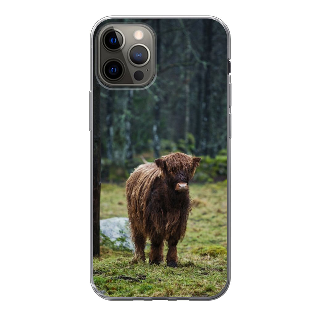MuchoWow Handyhülle Schutzhülle Hülle für iPhone 13 Pro Schottischer Hochländer - Wald - Moos Silikon Softcase Handy Hülle - Handy-Tasche