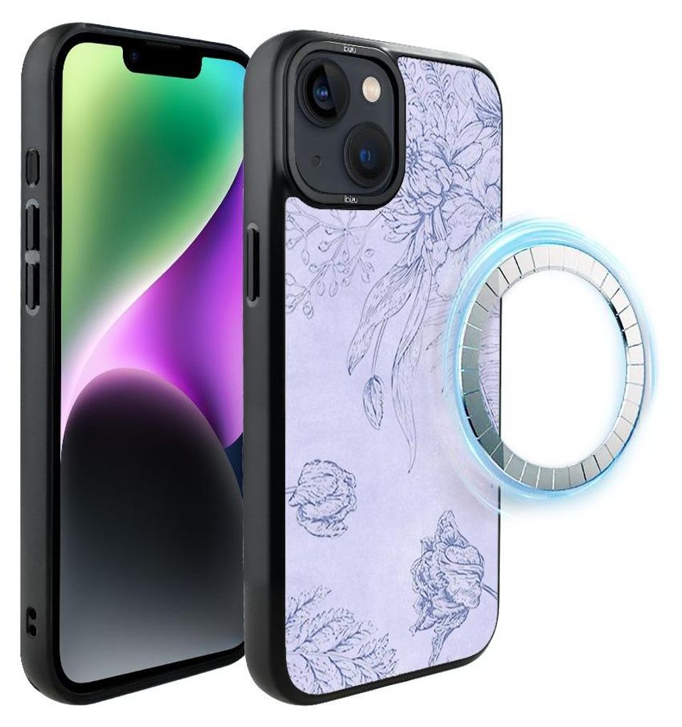 Schutzhülle für das iPhone 14 Plus, MagSafe-kompatibel, mattschwarze Seiten, Blumen, violett