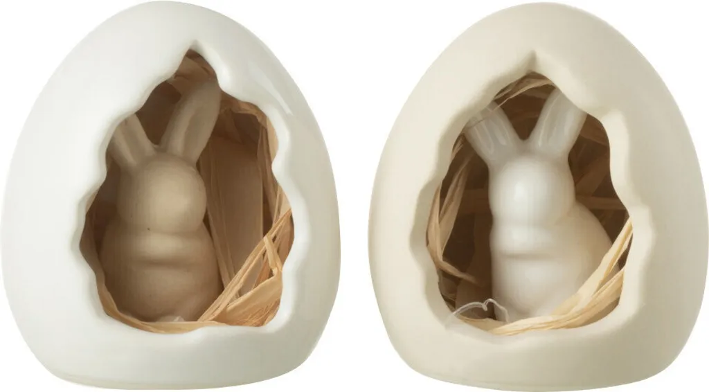 J-Line Lapin dans l'Oeuf en Porcelaine Blanc et Beige Set de 2 Small