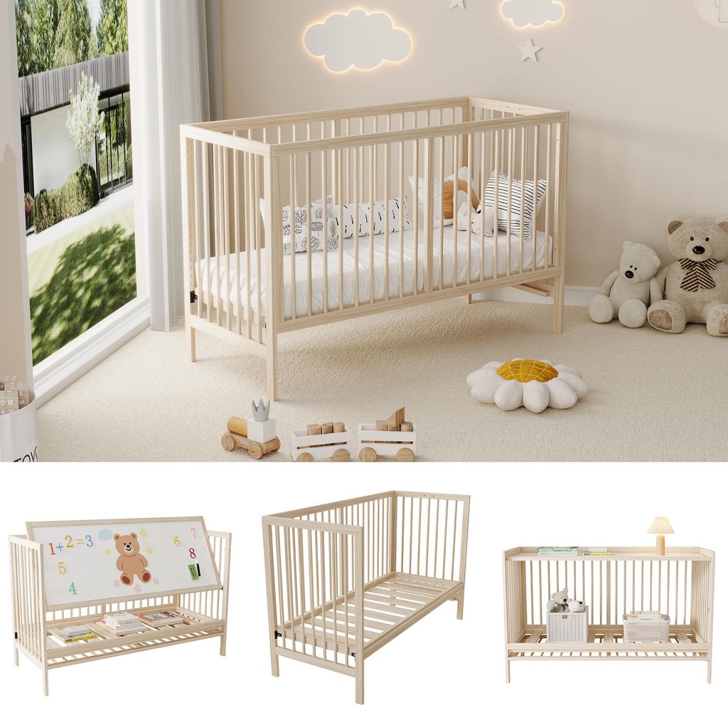 Flieks Kinderbett 60x120cm mit Malerbrettständer / Schreibtisch, Nebenbett Babybett mit Rausfallschutz und Lattenrost, Naturbelassen