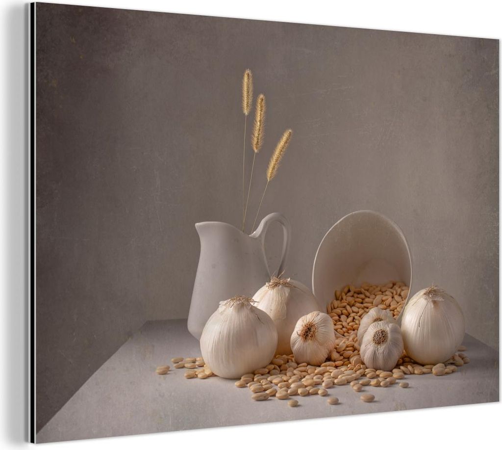 MuchoWow Wanddekoration Metall Metallbild Wandkunst 60x40 cm Zwiebeln - Stilleben - Weiß - Beige MuchoWow Aluminium Gemälde - Gemälder