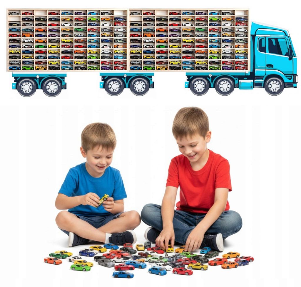 Modellauto-Regal für 160 Autos 1:64 – 2 Wandregale als Setzkasten für Spielzeugautos, Lkw-Motiv, Blau, Birken-Sperrholz – mit Modellautos an der Wand