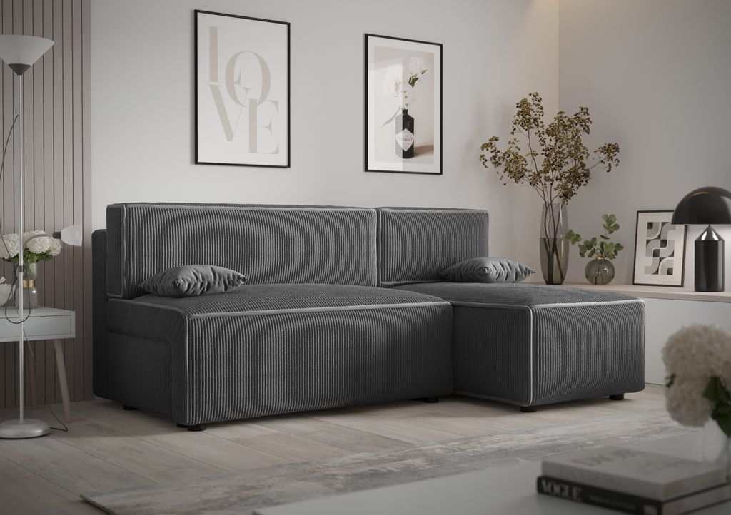 Ecksofa Alvito, Farbe: Grau. Material: Kord. A: B: 212 cm,H: 85 cm, T: 105 cm, Eckcouch, Schlafcouch, Sofa bed, Schlafsofa