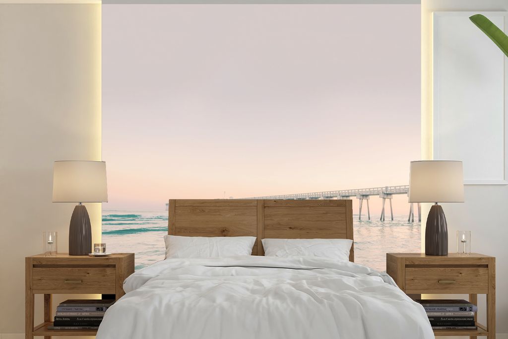 MuchoWow Fototapete für Wohnzimmer oder Schlafzimmer Wandtapete Vinyl Motivtapete Meer - Strand - Brücke - Natur - Sonnenuntergang - 280x280 cm...
