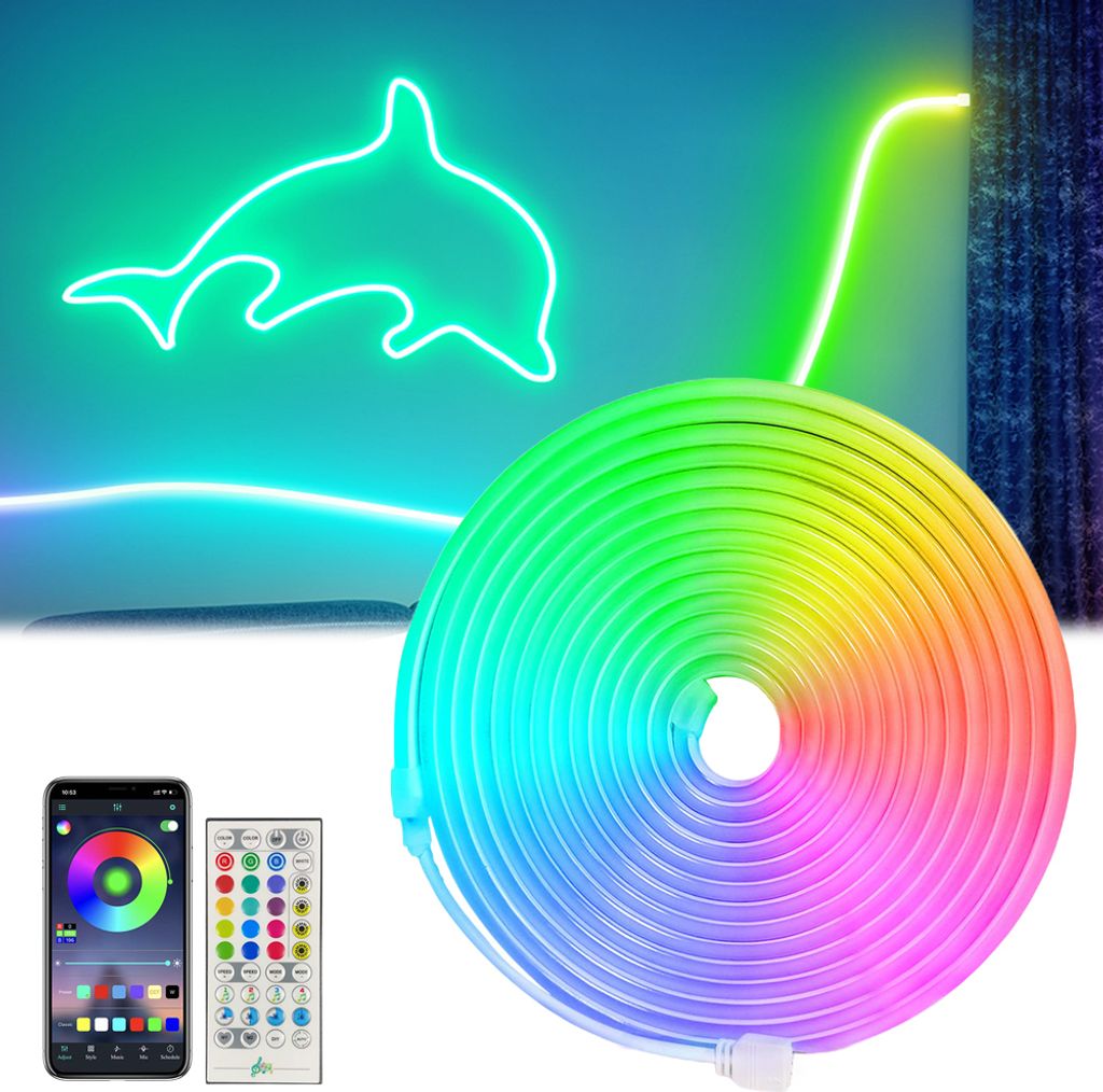 Neon LED Strip RGBIC Silikon,5M Led Streifen IP65 Fernbedienung APP Bluetooth Timer Musik Sync., Lichtband Innen Außen Wand Deko Spielzimmer Party