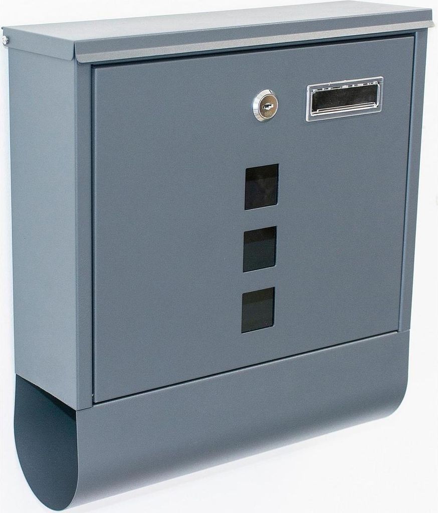 A gray metal mailbox mounted on a white wall.