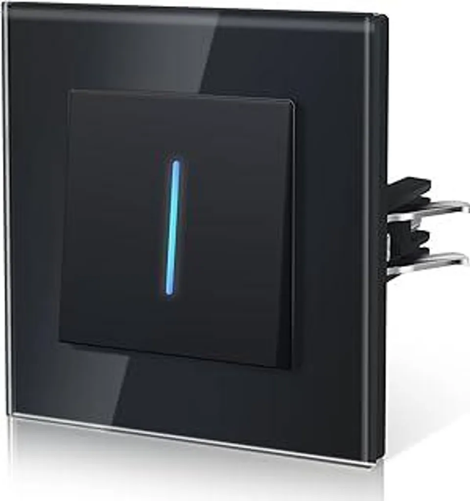 Interruttore luce in vetro BSEED, interruttore da incasso con ganci, interruttore commutatore con retroilluminazione, facile da montare, NUOVA serie E, 1 polo 1 via, 86 mm nero - 1