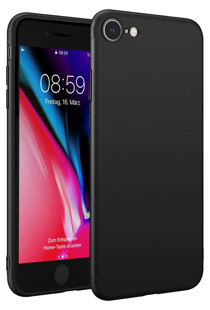 A black silicone phone case is shown next to a smartphone displaying a lock screen.