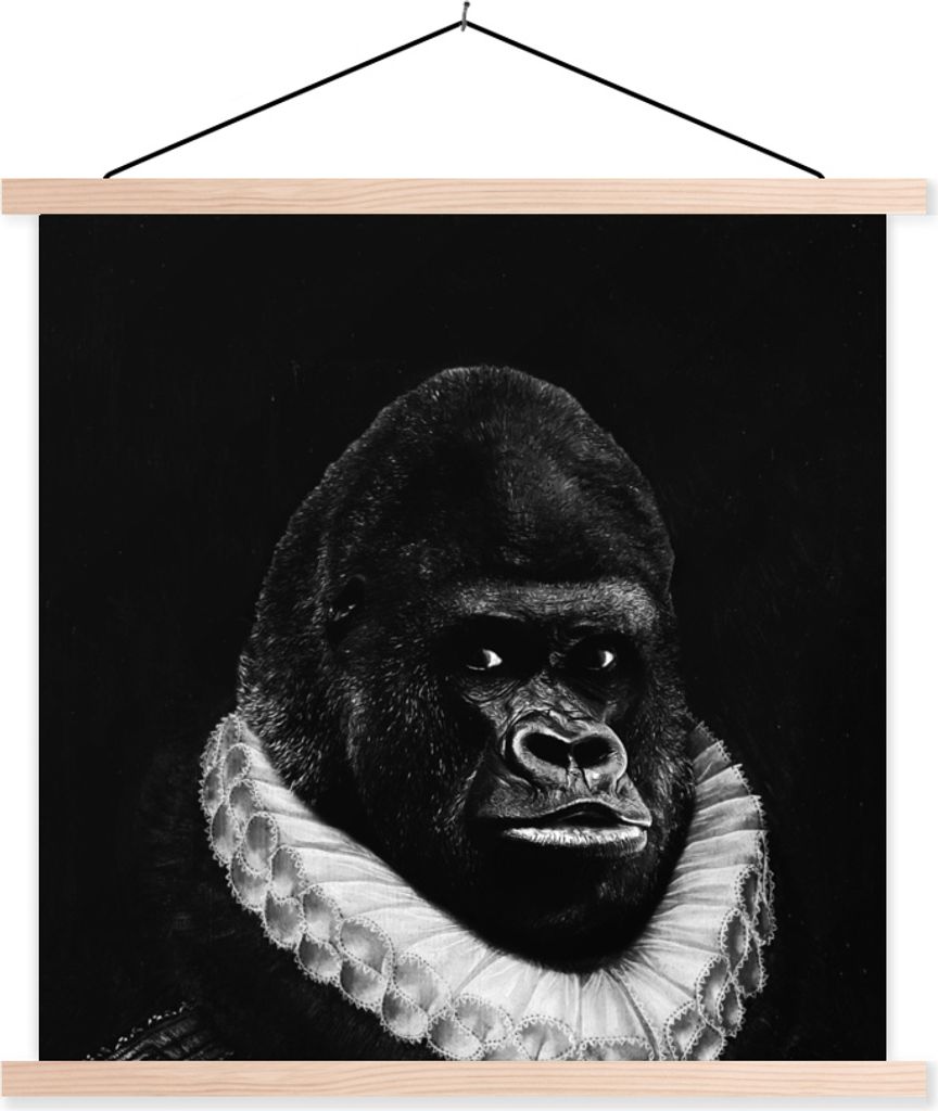 MuchoWow Textilposter Malerei - Gorilla - Schwarz - Weiß 40x40 cm mit holzfarbenen Rahmen - Posterleiste