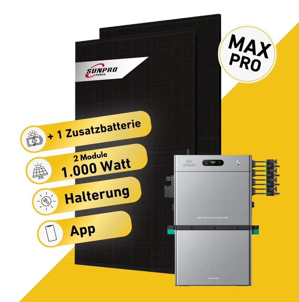 Balkonstrom Balkonkraftwerk 1000W Solaranlage mit Speicher | 1xZusatzspeicher | Fassadenhalterung 90Grad | 2xSolarmodul | Zendure SolarFlow 2400 Pro