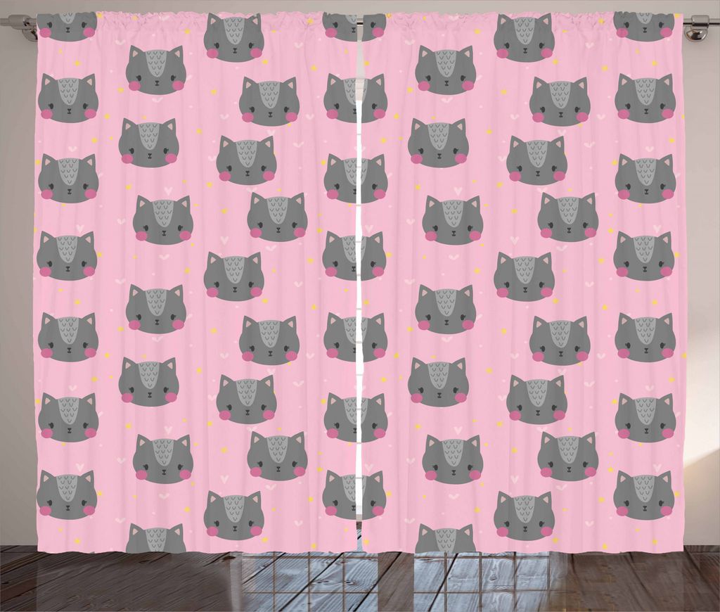ABAKUHAUS Katze Rustikaler Vorhang, Graustufen- Pet Portrait, Wohnzimmer Universalband Gardinen mit Schlaufen und Haken, 280 x 245 cm, Hellrosa Gra...