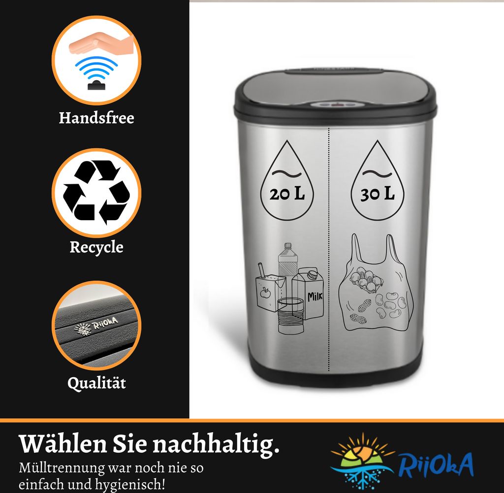 Rijoka Sensor Mülleimer 50L - mit 2x Fächern 20L + 30L - Produktbild 3