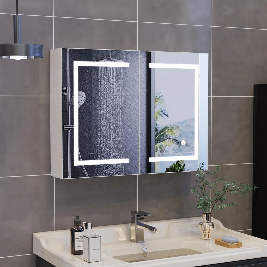 Badezimmer Spiegelschrank - Zweitürig - Verstellbare LED-Beleuchtung - Memory-Funktion - Wandmontage - Mehrere Ablagefächer - Holz - Weiß