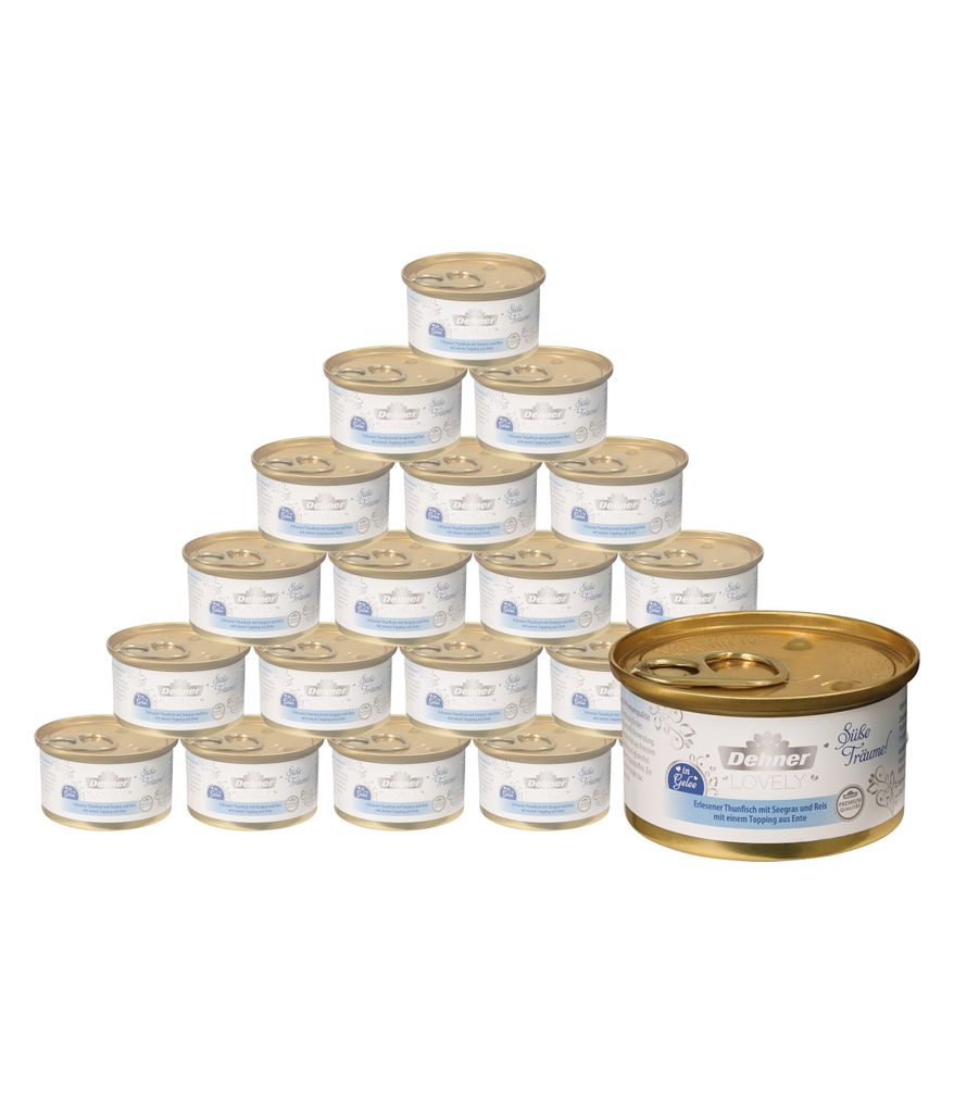 Dehner Premium Lovely Katzenfutter, Nassfutter in Gelee / glutenfrei, für ausgewachsene Katzen, Thunfisch / Ente / Reis, 24 x 85 g Dose (2.04 kg)