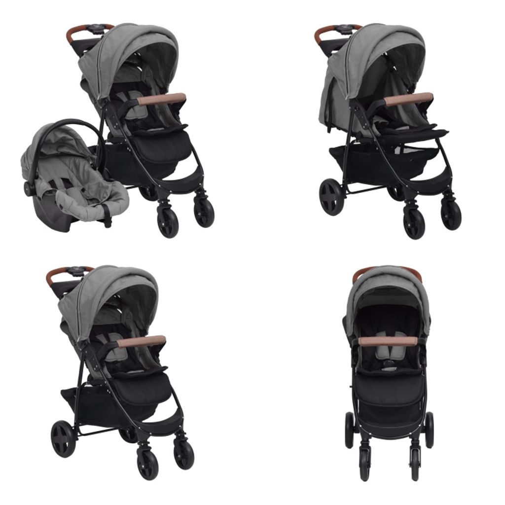 vidaXL 3 in 1 Kinderwagen Hellgrau Stahl - Kinderwagen - Kombi-Kinderwagen - Buggy - Buggys
